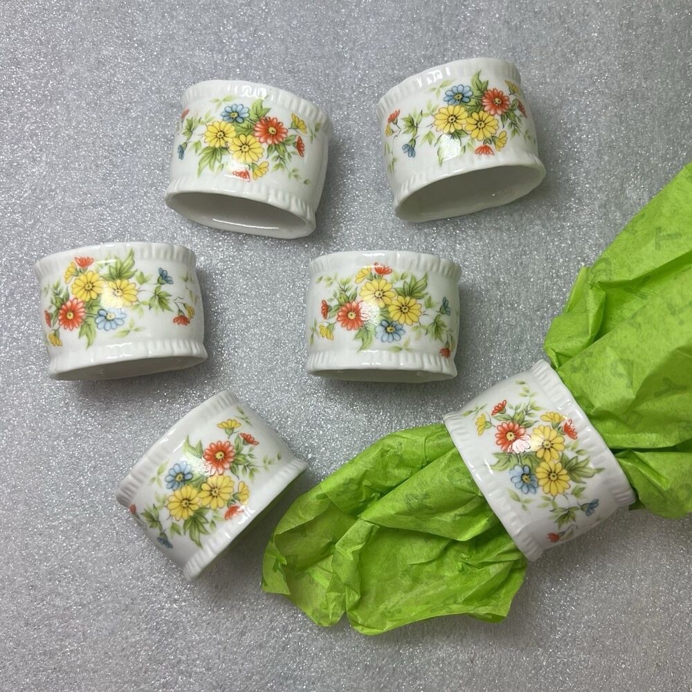 Vintage Set (6) Lefton JAPAN Porcelain Floral NAPKIN RINGS #01895 Cottagecore